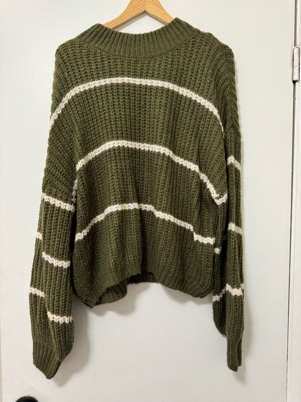 HYFVE Olive Green Waffle Knit Sweater with Cream Stripes
